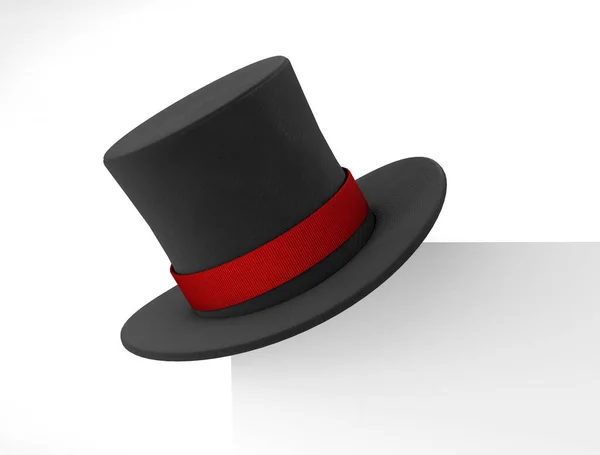 魔術師の帽子。フレームシートの隅に赤いリボンと黒のシリンダー帽子。白地に隔離されてる。3Dレンダリング — ストック写真