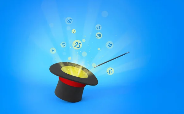 Zauberhut. Rabatte, Verkauf. Lichtstrahlen von einem schwarzen Zylinder mit roter Schleife und Zauberstab. Blauer Hintergrund. 3D-Darstellung. — Stockfoto
