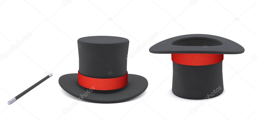 Magician hat. Black cylinder hat with a red ribbon and a magic wand. isolated on white background. 3d render