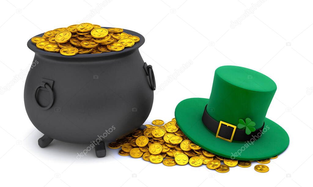 St. Patricks Day. Green Leprechaun Hat with Clover and Treasure pot full of gold coins. isolated on white background. 3d render