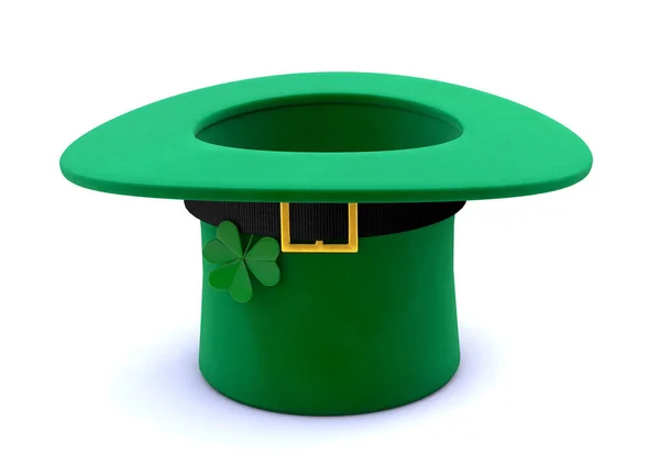 Il giorno di San Patrizio. Cappello Leprecauno Verde con Trifoglio capovolto. isolato su sfondo bianco. rendering 3d — Foto Stock