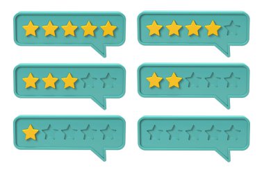 Beş yıldızlı reyting. Geribildirim ile kabarcık, kalite. Beyaz arka planda izole edilmiş. 3d hazırlayıcı