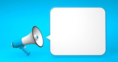 Mavi bir arka planda mavi megafon ve kare veya dikdörtgen baloncuk. Tasarım için metin alanı kopyalama şablonu. 3d hazırlayıcı