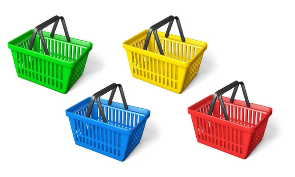 Set color shopping basket green and yellow and blue and red. isolated on white background. 3d render — Stock Photo, Image