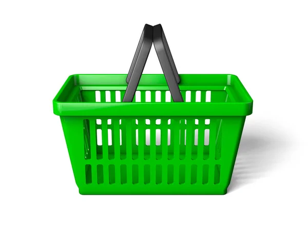 Grüner Einkaufswagen auf der einen Seite. isoliert auf weißem Hintergrund. 3D-Darstellung — Stockfoto