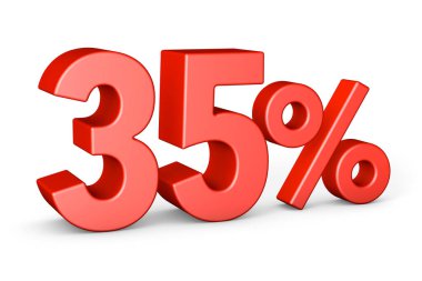 Yüzde 35. Kırmızı yüzde otuz beş. Beyaz arka planda izole edilmiş. 3d hazırlayıcı