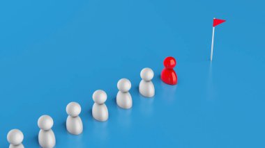 Lider takımı hedefe götürüyor. Çalışan kalabalığı şefi bayrağa kadar takip ediyor. 3d hazırlayıcı