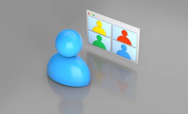 Video konferansı, uzaktan çalışma, online toplantı. Görüntülü adam ve tarayıcı penceresi. 3d hazırlayıcı