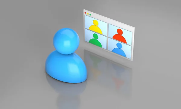 Video conferencing, work remotely, online meeting. Man and browser window with video calling. 3d render