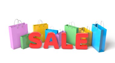 Kelime satışı ve alışveriş için kese kağıdı. Beyaz arka planda izole edilmiş. 3d hazırlayıcı