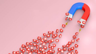 Mıknatıs Instagram 'ı pembe arka planda çeker. Uzayı metin için kopyala. 3d hazırlayıcı