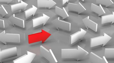 Farklı hareket yönleri. Beyazlar arasında kırmızı ok. 3d hazırlayıcı