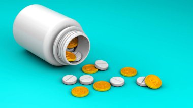 Dağınık haplar ve yeşil arka planda altın paralarla dolu bir şişe. Pahalı ilaç ve sigorta kavramı. 3d hazırlayıcı