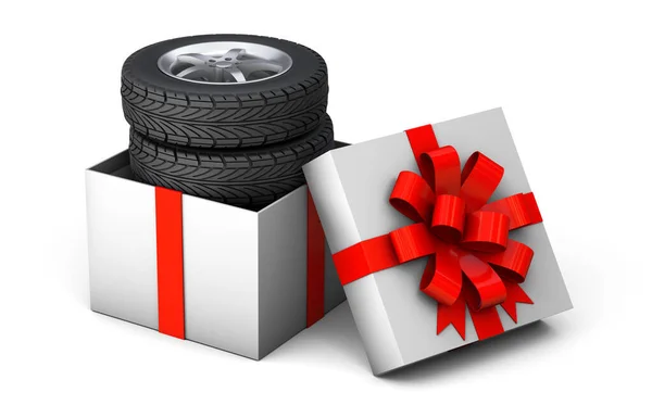 把眼泪当做礼物一套四个轮胎，装在礼品盒里，用红色礼品带系着蝴蝶结。被白色背景隔离。3D渲染 — 图库照片