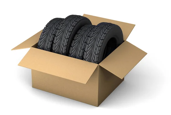Dodávka pneumatik. Sada čtyř pneumatik v kartonové krabici na objednávku. izolované na bílém pozadí. 3D vykreslení — Stock fotografie