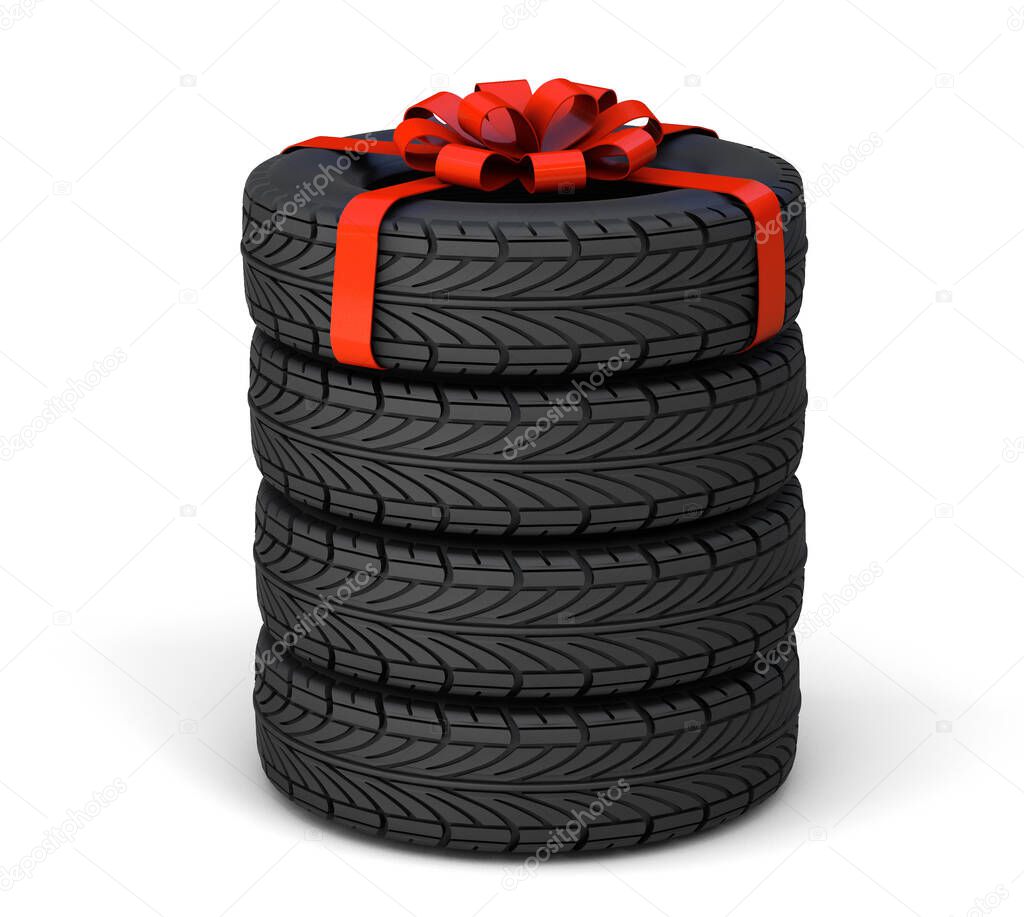 Tire as a gift. Set of three tires, one tied with a red gift ribbon with a bow. isolated on white background. 3d render