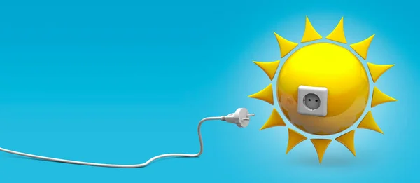 Energía solar. Sol con enchufe y cable con enchufe. Fondo azul. 3d renderizar. Imagen De Stock