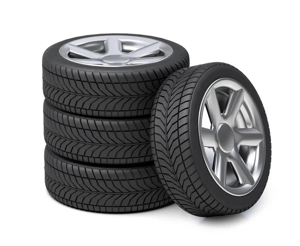 Neumáticos y llantas. Montón de ruedas de coche. aislado sobre fondo blanco. 3d renderizar Imagen De Stock