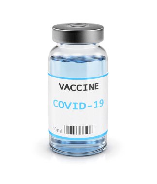 Covid-19 aşısı. Uyuşturucu şişesi beyaz arka planda izole edilmiş. 3d hazırlayıcı