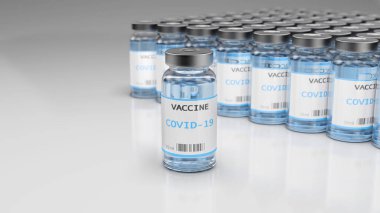 Covid-19 aşısı. Gri arka planda ilaç şişeleri. 3d hazırlayıcı