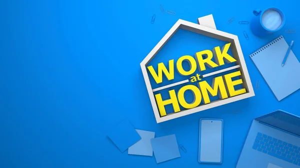 Δουλειά στο σπίτι. Γραφείο στο σπίτι. Μπλε φόντο, Αντιγραφή χώρου για κείμενο. 3d απόδοση — Φωτογραφία Αρχείου