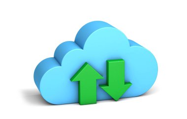 Bulut deposu. Veri eşzamanlaması. Yeşil oklar. Beyaz arka planda izole edilmiş. 3d hazırlayıcı