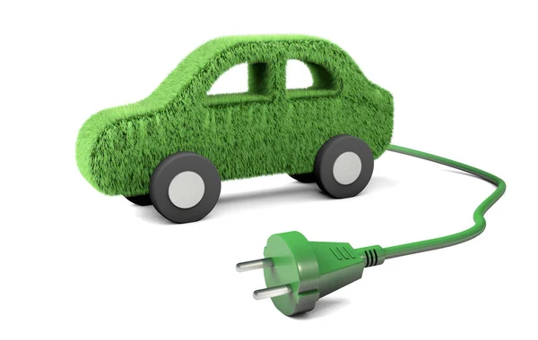 Coche eléctrico. Un coche de hierba con un cable y un enchufe de la toma. Energía solar. aislado sobre fondo blanco. 3d renderizar — Foto de Stock