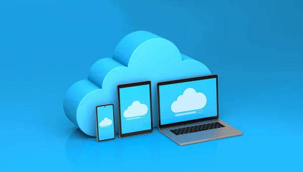 Cloud storage for phone, tablet, laptop. Blue background. 3d render