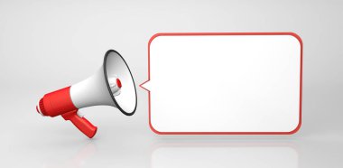 Kırmızı megafon ve kabarcık mesajı. şablon. 3d hazırlayıcı