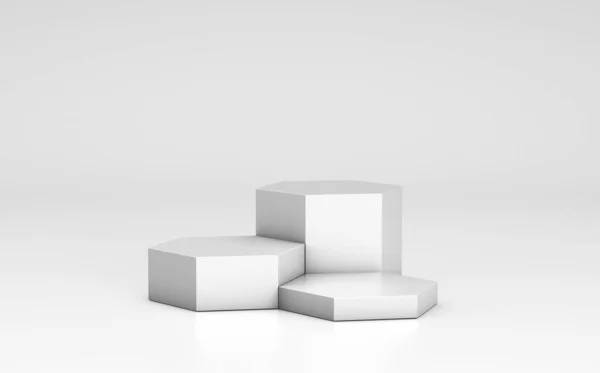Pódio vazio, modelo de prateleira do produto. favo de mel cinza, hexágonos e fundo. Renderização 3d — Fotografia de Stock