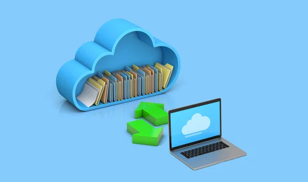 Transferencia de archivos y datos del servidor al ordenador. Almacenamiento en nube. Fondo azul. 3d renderizar. Imagen De Stock