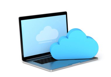 Bulut deposu. Buluttaki bilgilerle senkronizasyon bilgisayarı. Beyaz arka planda izole edilmiş. 3d hazırlayıcı