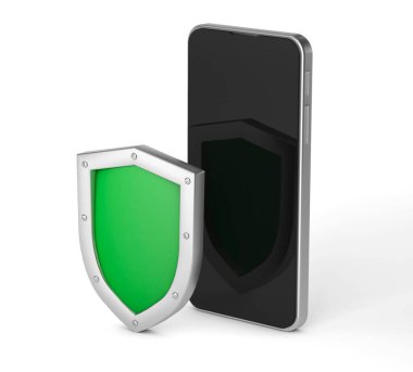 Telefon ve kalkan. Beyaz arka planda izole edilmiş. 3d hazırlayıcı