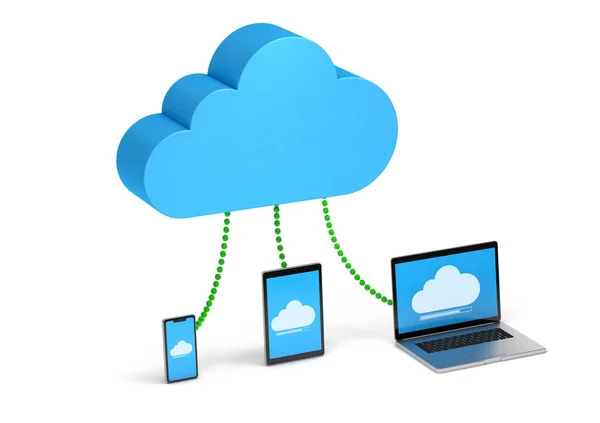 Cloud-Speicher. Synchronisierung von Informationen auf Telefon, Tablet und Laptop. isoliert auf weißem Hintergrund. 3D-Darstellung — Stockfoto