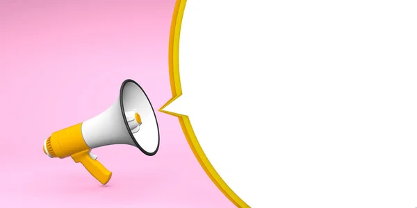 Gelbes Megafon auf rosa Hintergrund mit weißer Blase. 3D-Darstellung — Stockfoto