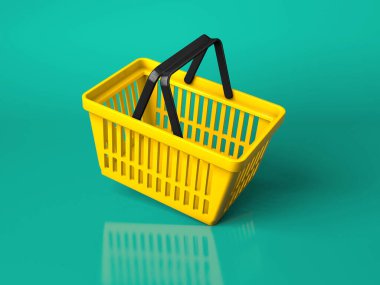 Yeşil arka planda sarı alışveriş sepeti. 3d hazırlayıcı