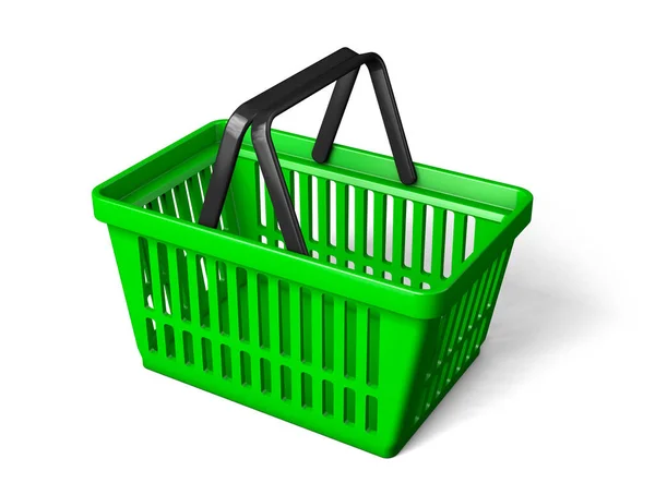 Green shopping basket is rotated. isolated on white background. 3d render — Stock Photo, Image