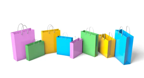 Gekleurde papieren boodschappentassen. geïsoleerd op witte achtergrond. 3d renderen — Stockfoto