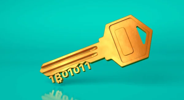 Ключ биткоина. Золотой ключ из криптовалюты на зеленом фоне. 3D рендеринг — стоковое фото