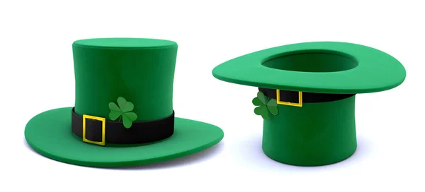 Set del giorno di San Patrizio. Cappello Leprecauno Verde con Trifoglio e Capovolto. isolato su sfondo bianco. rendering 3d — Foto Stock