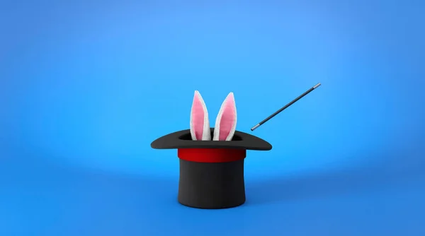 Magician hat. Rabbit ears stick out with a black top hat with a red ribbon and a magic wand. Blue background. 3d render — Stock Photo, Image