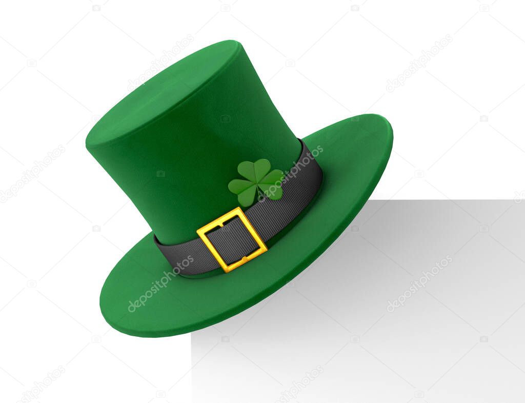 St. Patricks Day. Green Leprechaun Hat with Clover on the corner of the frame sheet. isolated on white background. 3d render