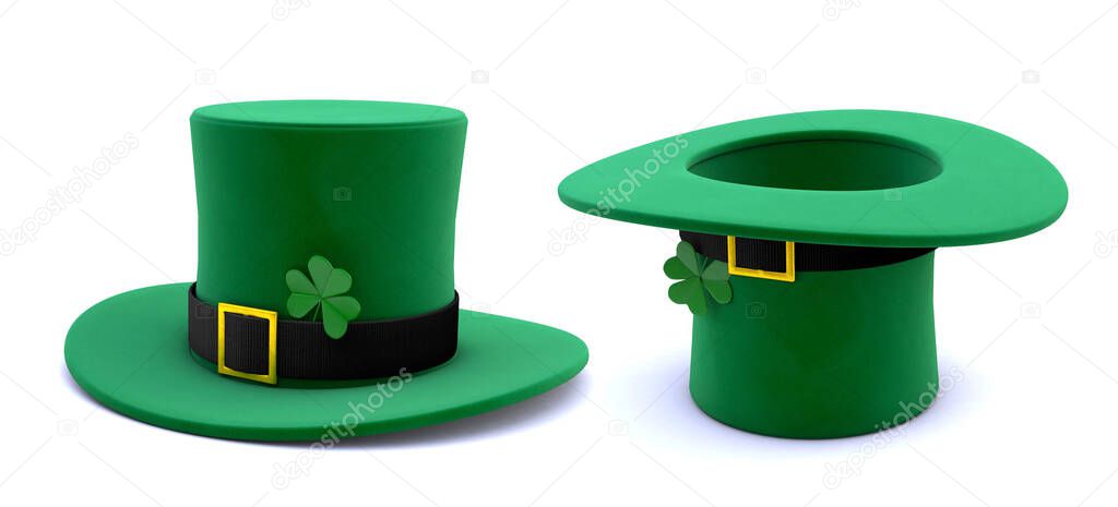 St. Patricks Day Set. Green Leprechaun Hat with Clover and Inverted upside down. isolated on white background. 3d render