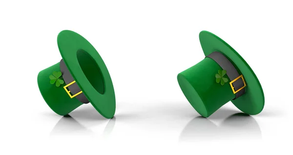 St. Patricks Day Set. Chapéu de duende verde com trevo e invertido de cabeça para baixo. isolado em fundo branco. Renderização 3d — Fotografia de Stock