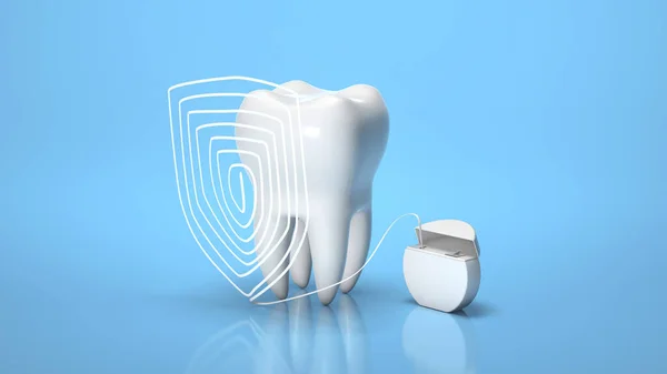 Nić dentystyczna. Ochrona zębów. Osłona nici dentystycznej na niebieskim tle. 3d renderowanie — Zdjęcie stockowe