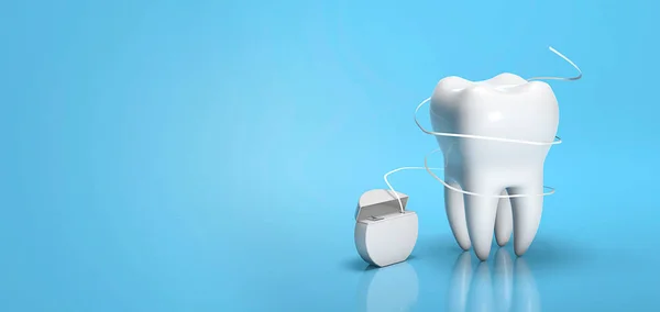 Hilo dental. Flossing sus dientes. Pasta dental y hilo dental sobre fondo azul. Copia espacio para texto. 3d renderizar — Foto de Stock