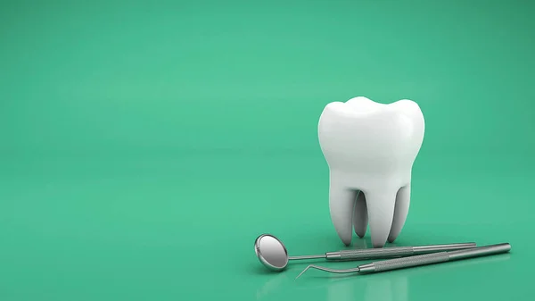 Zubní a zubní zrcátko s háčkem. Zubařské nářadí. Zkopíruje místo pro text na zeleném pozadí. 3D vykreslení — Stock fotografie