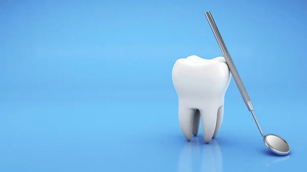 Zubní a zubní zrcátko. Zubní ošetření. Zkopírovat místo pro text na modrém pozadí. 3D vykreslení — Stock fotografie