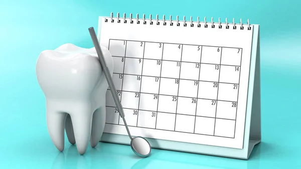 Reminder calendar for visiting the dentist. Dental appointment, check. Calendar with a tooth and a dental mirror on a green. 3d render
