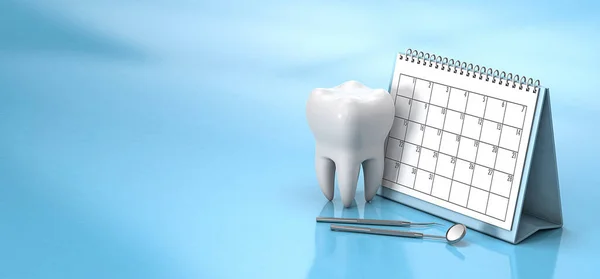 Dişçiye gitmek için takvim hatırlatıcısı. Diş muayenesi, tamam. Mavi arka planda diş ve diş aynası olan bir takvim. Uzayı metin için kopyala. 3d hazırlayıcı